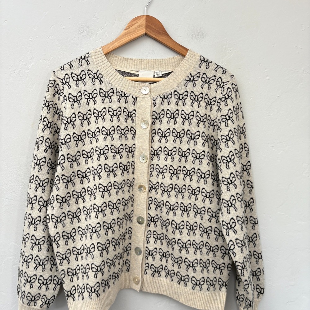ICHI Ihbrielle Knit Cardigan Women Size Medium Bows Beige Black Button Up - Picture 2 of 15
